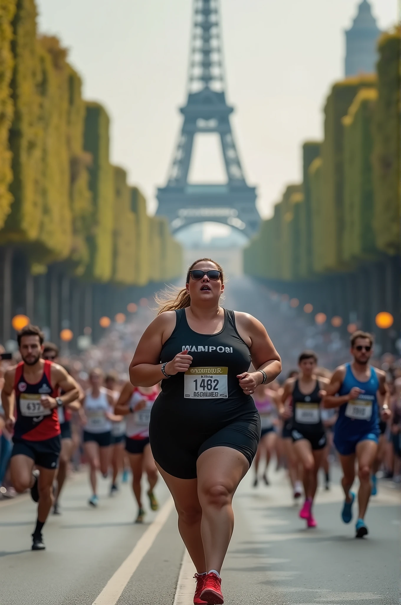 drone photography,professional camera angle,fat Olympic athlete,fat female Olympic marathon race,with a large breasts, big breasts!, thicc,alluring plus sized model, fat voluptuous body,fat womon marathon race on Champs Elysées paris city