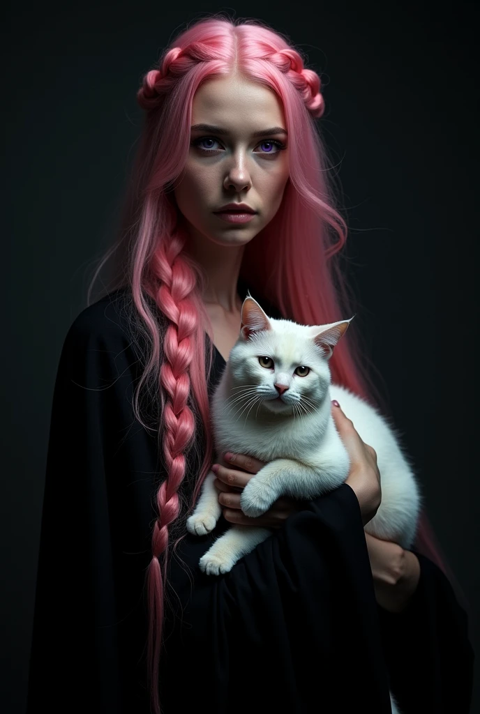 A fantasy anime featuring a woman with long pink hair braided on both sides, wearing a black cloak, purple eyes, and holding a white cat. The background is black.