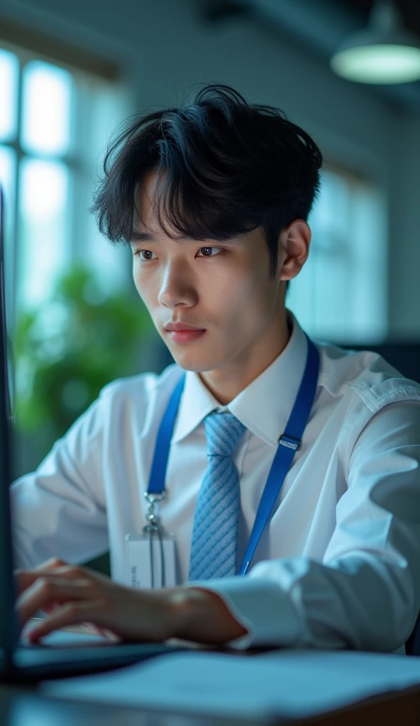 (Masterpiece), (complicated:1.3), (Realistic), Portrait of a man, Age 18, Has a Thai face, fine and handsome., I look like a black Korean star., Single eyes, Black eyes , cool , be happy, thin, (He is wearing a long-sleeved white shirt with a light blue tie.), looking for people, (Look through her computer),His necktie has a 45-degree diagonal pattern, blue, He is in the computer room at college., Cool tones, The soft sunlight, Professional photographer taking detailed photos of young men, Student style, (He has a blue student ID lanyard.) , Have clarity, dramatic, Awarded first prize, Cinematic lighting, (flim grain, blurred background,Blurred background, bokeh, depth of field)