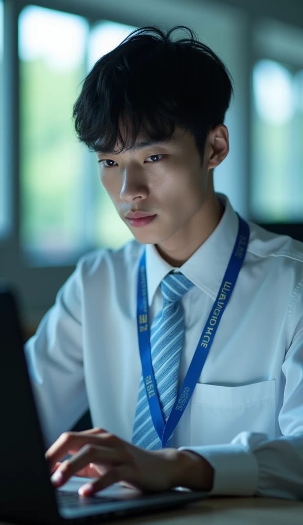 (Masterpiece), (complicated:1.3), (Realistic), Portrait of a man, Age 18, Has a Thai face, fine and handsome., I look like a black Korean star., Single eyes, Black eyes , cool , be happy, thin, (He is wearing a long-sleeved white shirt with a light blue tie.), looking for people, (Look through her computer),His necktie has a 45-degree diagonal pattern, blue, He is in the computer room at college., Cool tones, The soft sunlight, Professional photographer taking detailed photos of young men, Student style, (He has a blue student ID lanyard.) , Have clarity, dramatic, Awarded first prize, Cinematic lighting, (flim grain, blurred background,Blurred background, bokeh, depth of field)