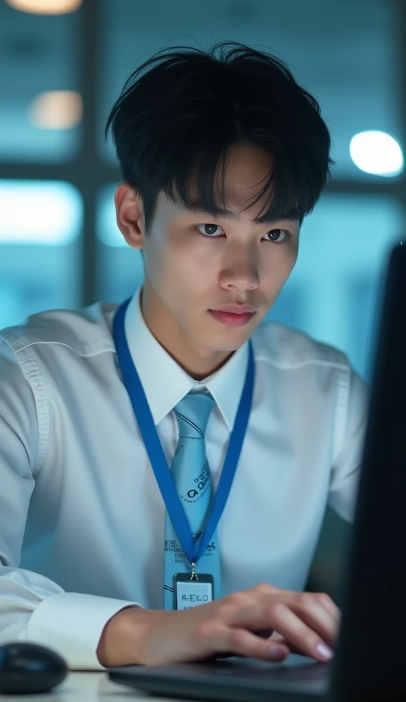 (Masterpiece), (complicated:1.3), (Realistic), Portrait of a man, Age 18, Has a Thai face, fine and handsome., I look like a black Korean star., Single eyes, Black eyes , cool , be happy, thin, (He is wearing a long-sleeved white shirt with a light blue tie.), looking for people, (Look through her computer),His necktie has a 45-degree diagonal pattern, blue, He is in the computer room at college., Cool tones, The soft sunlight, Professional photographer taking detailed photos of young men, Student style, (He has a blue student ID lanyard.) , Have clarity, dramatic, Awarded first prize, Cinematic lighting, (flim grain, blurred background,Blurred background, bokeh, depth of field)
