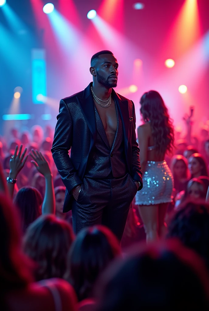 A handsome black cool superstar wearing cool outfits on stage with a woman e in front there's crowd of people
