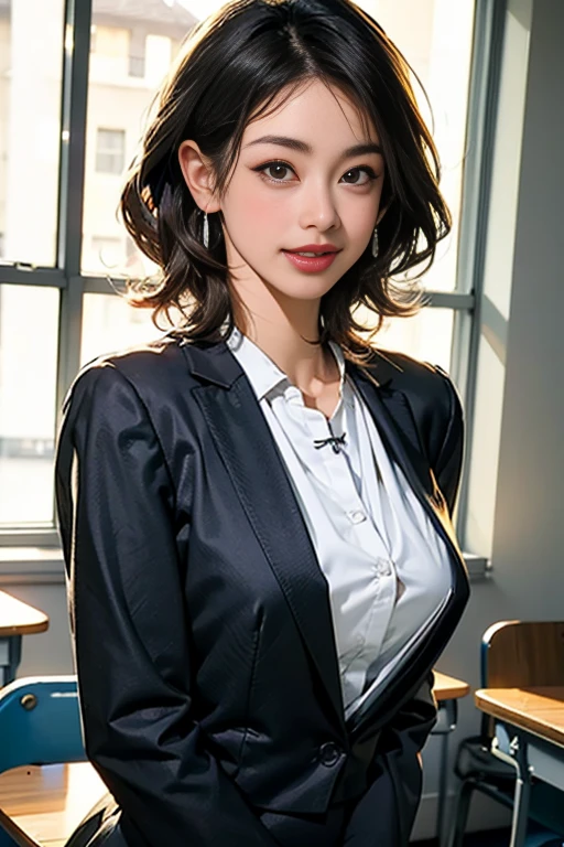 one japanese woman、(masterpiece:1.3), High resolution, Super detailed, Highly detailed CG Unity 8K wallpaper, realistic, photo-realistic, Raw photo, Beautiful and dense face,  realistic glistening skin, fine cloth texture, detailed hair texture, perfect style, beautiful face, Accurate, anatomically correct, Highly detailed face and skin texture, fine eyes, brown eyes, double eyelid, Glossy skin, (Fair skin:1.2), shiny necklace and earrings, (glossy lips: 1.4),  (classy and cute girl:1.3), (Random hairstyles for short hair and up hair, wavy hair, black hair), (enchanting smile:1.2、blush) (wearing an elegant business suit:1.3), (black stockings), big breasts, cleavage、black lace panties、 (in the school classroom:1.2), full body shot, skirt lift, Random age over 35