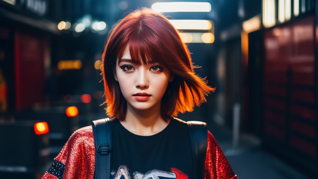 beautiful girl, bust, Short, bright red, messy hair, Black eyeshadow, (Street Style Clothes:1.2), (Urban Background:1.2), Heavy makeup, Digital Art, Trending on Art Station, highly detailed, detailed 細かい, Complex, beautiful detailed glow, detailed, Cinematic Light, High resolution, detailed facial features, Sharp focus, soft, beautiful,