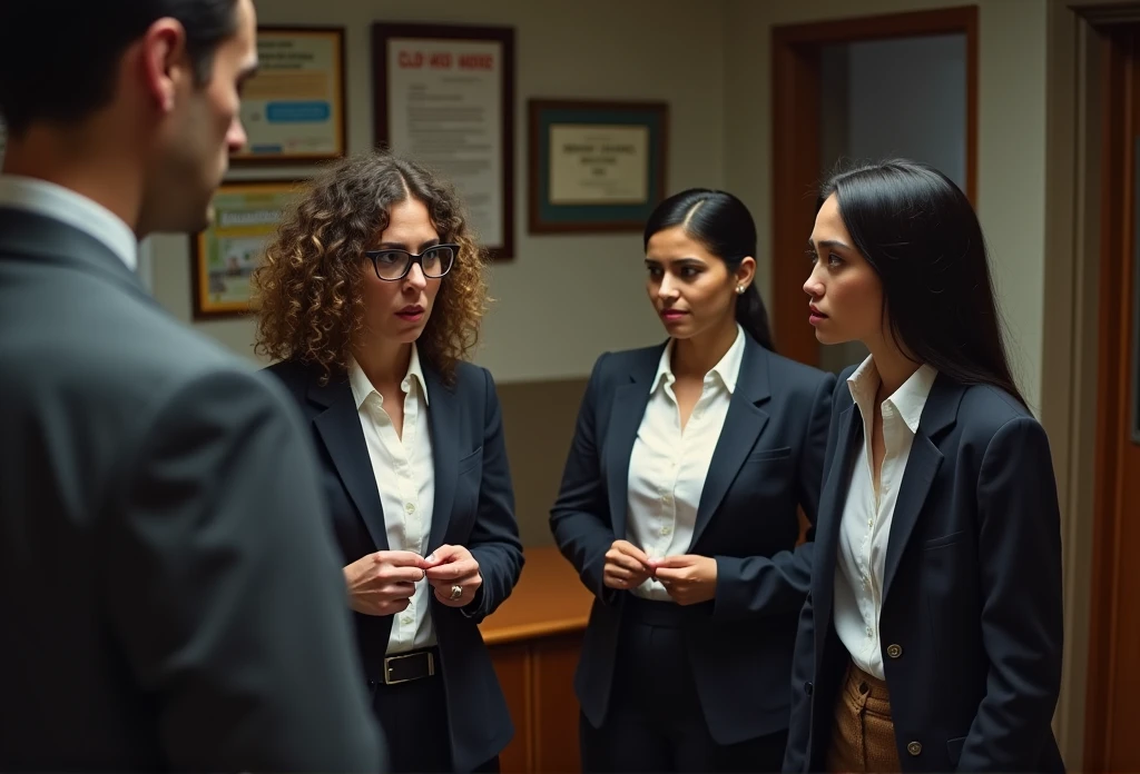 Two female teachers in the principal's office are receiving a stern reprimand from the school principal and are taking off their outer clothing, embarrassed and frightened.