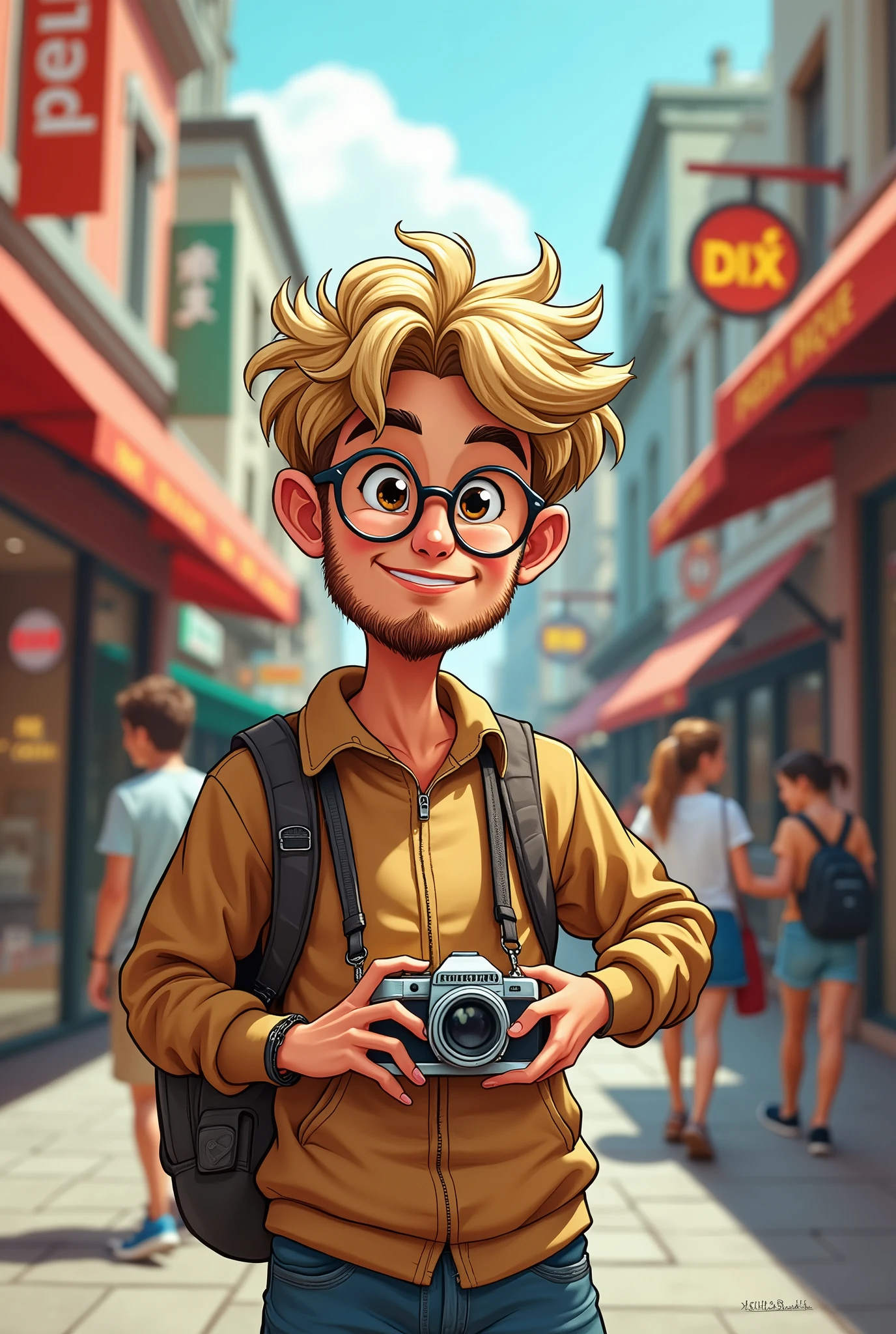Young man, Age 25, Round glasses, Small beard, Dark blond hair, Oval face, Holding a camera, City street background, Cartoon style