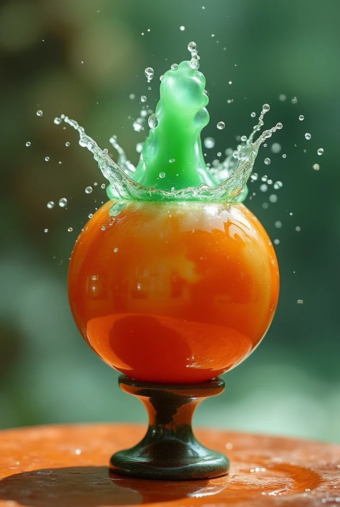 Orange sphere marble made of carnelian spraying green liquid