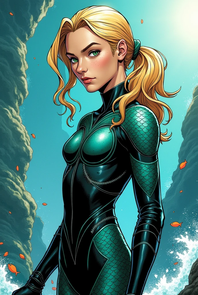  DC comic panel. 15 year old male with medium-long wavy blonde hair combed in a half ponytail. White skin with slight fish scales, jade green and slanted eyes , delicate appearance. Clothes with fish scales design.