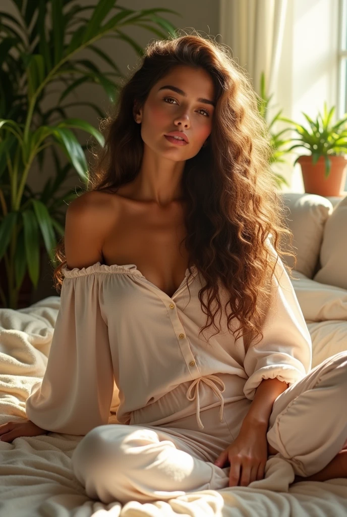 (photorealism:1.2), beautiful woman, sitting on bed, wearing loose off-shoulder top, pajama pants, long curly hair, indoors, soft lighting, plants in background, window with sunlight, cozy room, relaxed pose, realistic, intricate details, warm colors, by Greg Rutkowski, by Alphonse Mucha