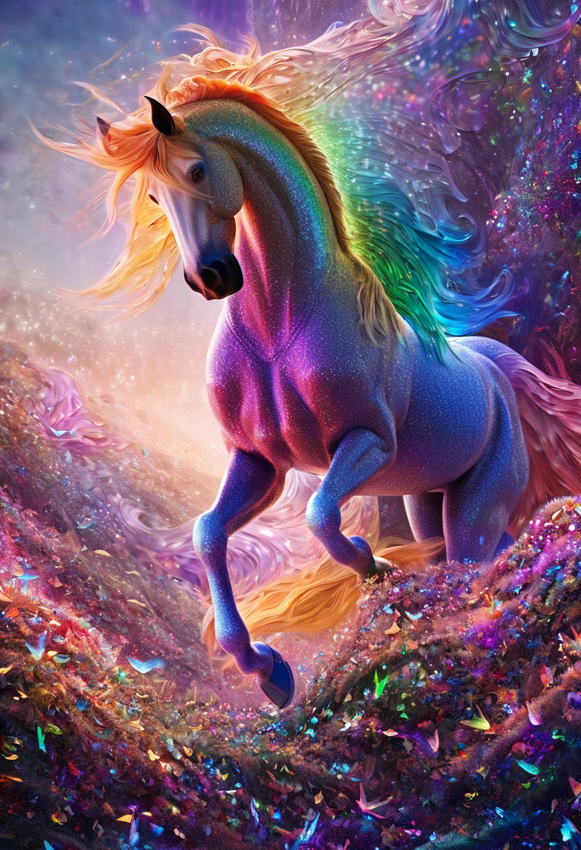 stuffed horse, fantasy world, glitter effects, conceptual installation art, (ultra detailed, absolutely resolution, best quality:1.3), 2.5D, delicate and dynamic, iridescent effects, artistic, hyper, graphic CG digital art