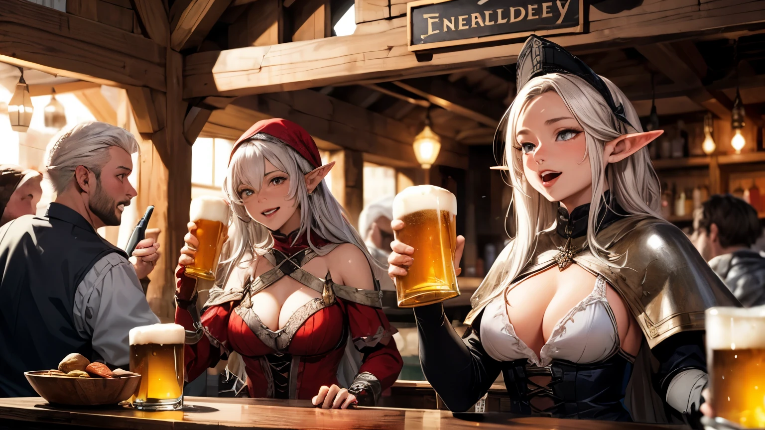 sexy elf woman with white hair, wearing medieval dress, drinking beer at medieval tavern with crowd people, there having fun.