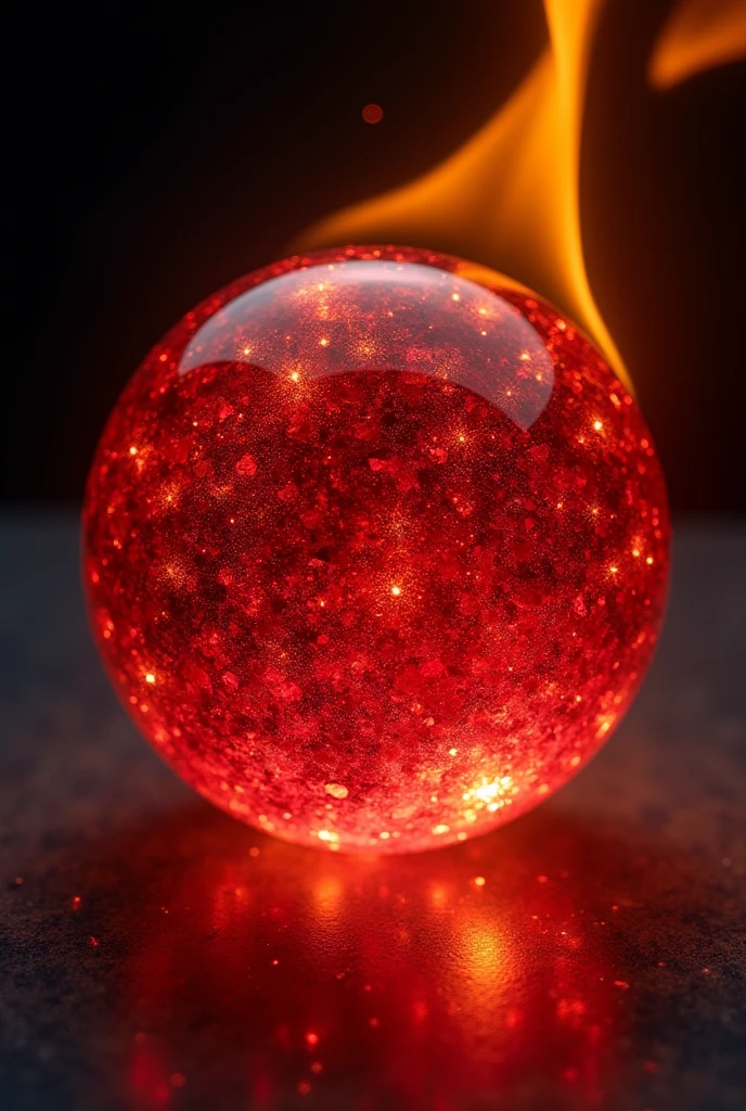 Red sphere marble made of ruby on fire