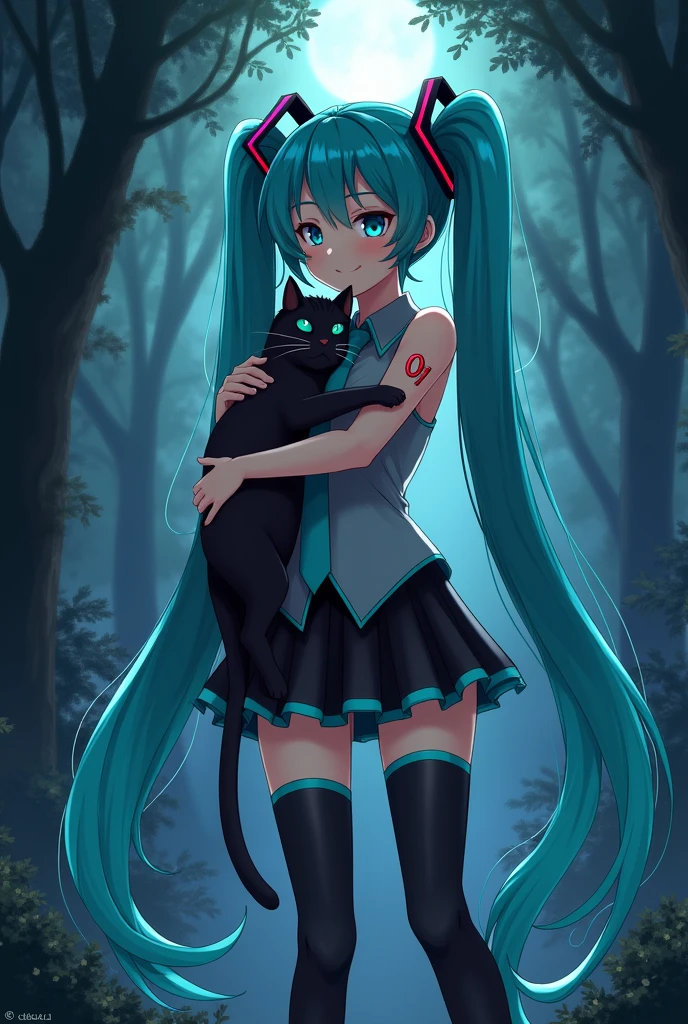 Anime art, anime style, detailed drawing, forest background, high definition, high quality, one girl, solo, Hatsune Miku, aqua hair, twin tails, headphones, small number tattoo "01" (red, located on her right hand), grey sleeveless collared shirt, black detached sleeves with aqua lines, five fingers with aqua nails, aqua necktie, black pleated mini skirt with aqua lines, zettai ryouiki, thigh-high black boots with aqua lines.
Get example from this image: https://vocaloidespanol.fandom.com/es/wiki/Hatsune_Miku?file=Hatsune_Miku.png
Miku Hatsune hugging a black cat in the night; there is witch woman following her behind