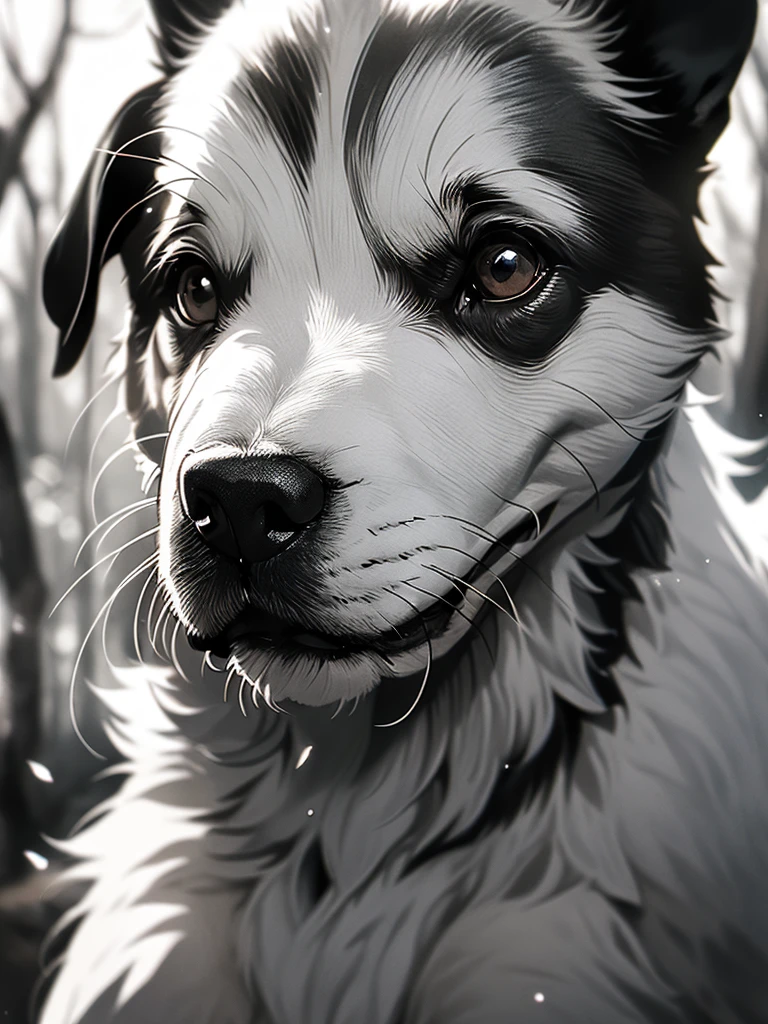 (masterpiece, best quality, highres:1.2), (photorealistic:1.2), (detailed light:1.2), (realistic fur texture:1.2), (sharp), exposure blend, bokeh, (hdr:1.4), high contrast, (cinematic), (muted colors, dim colors, soothing tones:1.3), маленькая dog сидит на бревне в лесу, Portrait of a forest puppy, Black Spot ( wool) on the other side of the face, portrait in the middle of the shot, portrait of a stern puppy, Front portrait, dapper, detailed portrait shot, dog, Close-up portrait shot, cute dog, enjoying a walk in the woods, looking at the camera, Portrait of a , self-satisfied look,