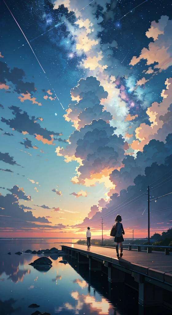 Twilight falls、Stars are out High quality masterpiece ，scenecy，Anime train passing through bodies of water on tracks， starrysky。Romantic train，Pisif，concept-art，Lofi art style，Reflectors。 By Makoto Shinkai, Lofi art, beautiful anime scenes, Anime landscapes, Detailed scenery —width 672, in the style of makoto shinkai, Makoto Shinkai's style，Detail enhancement。