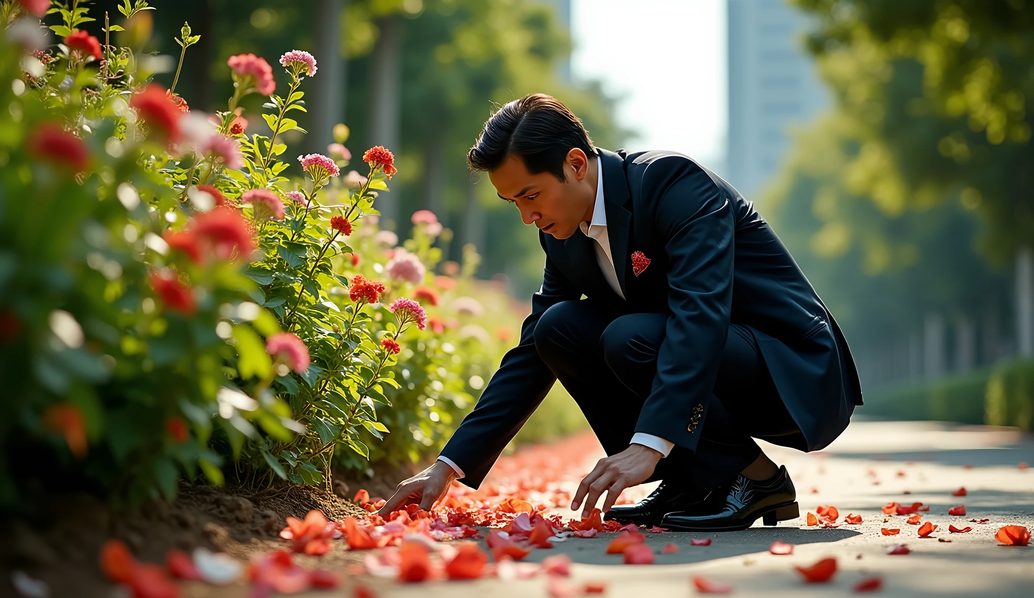Make the detective Vietnamese. Make a photo of a detective closely observing a murder scene. The background is a flower bed on the first floor of a luxury apartment. Examine the traces of the criminal that fell to the ground.