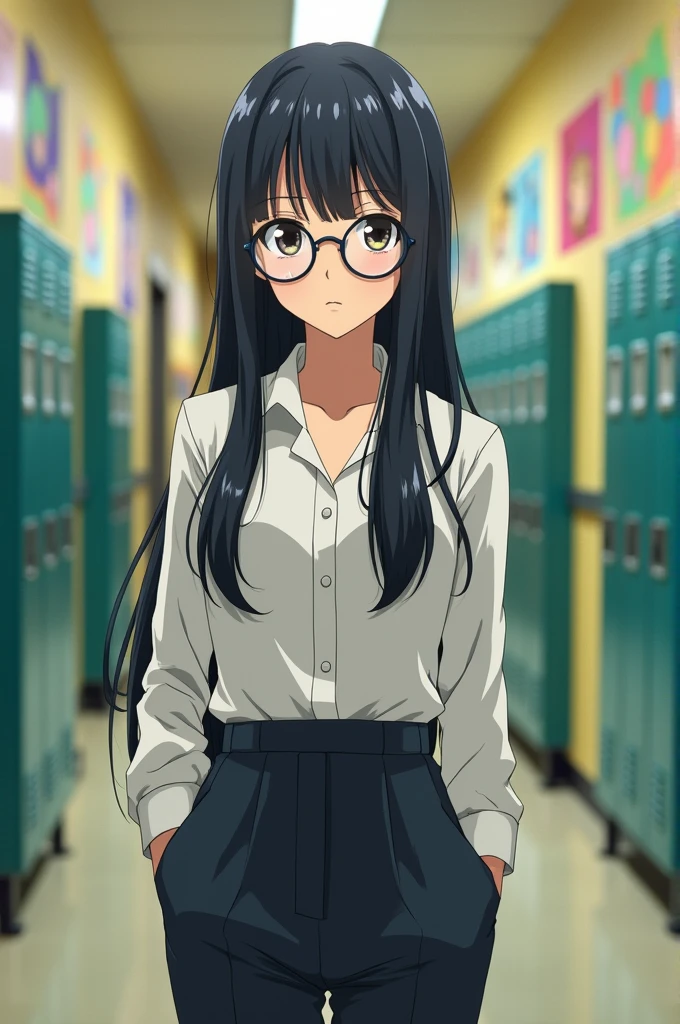 A serious-looking junior high school girl with long black hair and glasses