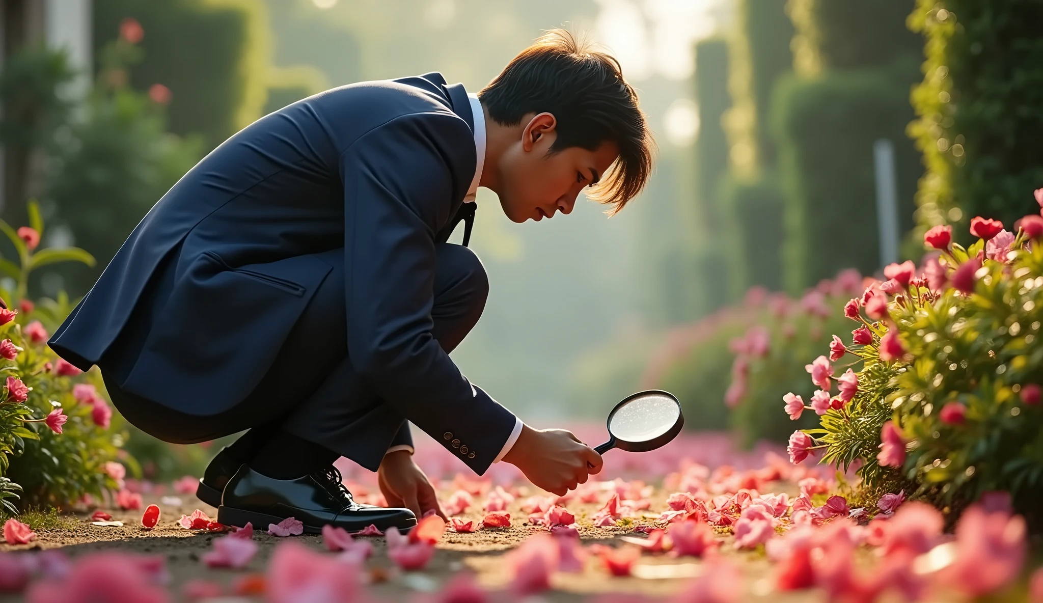 Make the detective Vietnamese. Make a photo of a detective closely observing a murder scene. The background is a flower bed on the first floor of a luxury apartment. Examine the traces of the criminal that fell to the ground. Use a large magnifying glass to inspect the scene.