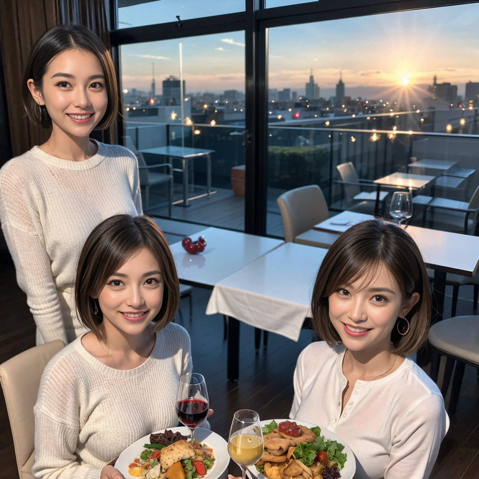 ((Highest quality、、masterpiece:1.3))、1 male、1 female、Satomi Ishihara、Beautiful couple、smile、full-course dinner、 (Slim face), (the body is スリム), (Brown Hair), (Shortcuts), ((Bob Hale、Straight hair:1.2)), テーブルの上のwine glass、Shine light on your face、 Amazing view of the sunset sky and clouds、smileの美しさ、Bright image、Blushing, Shortcuts, (43 years old), 39 years old, Appetizers、Italian food、Wine bottle、Champagne、sparkling wine、Long sleeve shirt、dress、Attractive beauty、restaurant, Nova Frog Style, actress, model, Upper Body, White wine, red wine, wine glass,