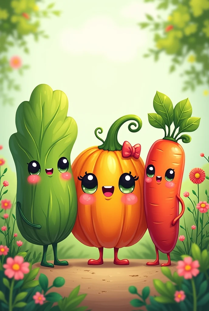 cute　character　green vegetables　An illustration　spinach　pumpkin　carrot　paprika　Side by side