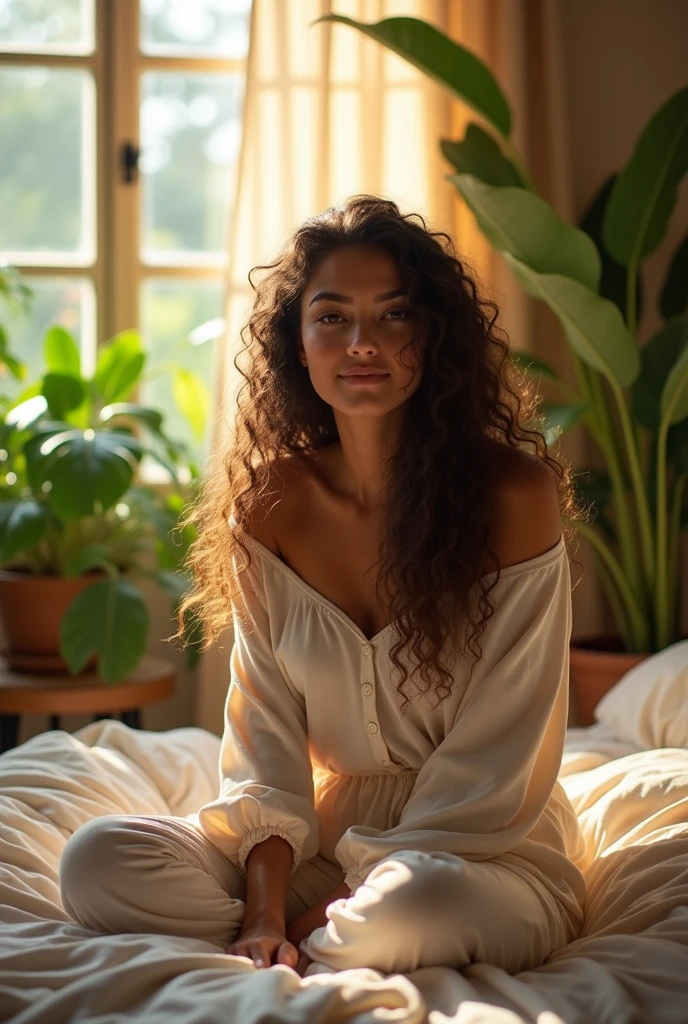 (photorealism:1.2), beautiful woman, sitting on bed, wearing loose off-shoulder top, pajama pants, long curly hair, indoors, soft lighting, plants in background, window with sunlight, cozy room, relaxed pose, realistic, intricate details, warm colors, by Greg Rutkowski, by Alphonse Mucha