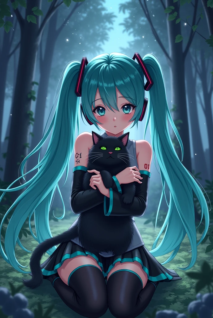 Anime art, anime style, detailed drawing, forest background, high definition, high quality, one girl, solo, Hatsune Miku, aqua hair, twin tails, headphones, small number tattoo "01" (red, located on her right hand), grey sleeveless collared shirt, black detached sleeves with aqua lines, five fingers with aqua nails, aqua necktie, black pleated mini skirt with aqua lines, zettai ryouiki, thigh-high black boots with aqua lines.

Get example from this image: https://vocaloidespanol.fandom.com/es/wiki/Hatsune_Miku?file=Hatsune_Miku.png

Miku Hatsune hugging a black cat in the night; there is witch woman following her behind