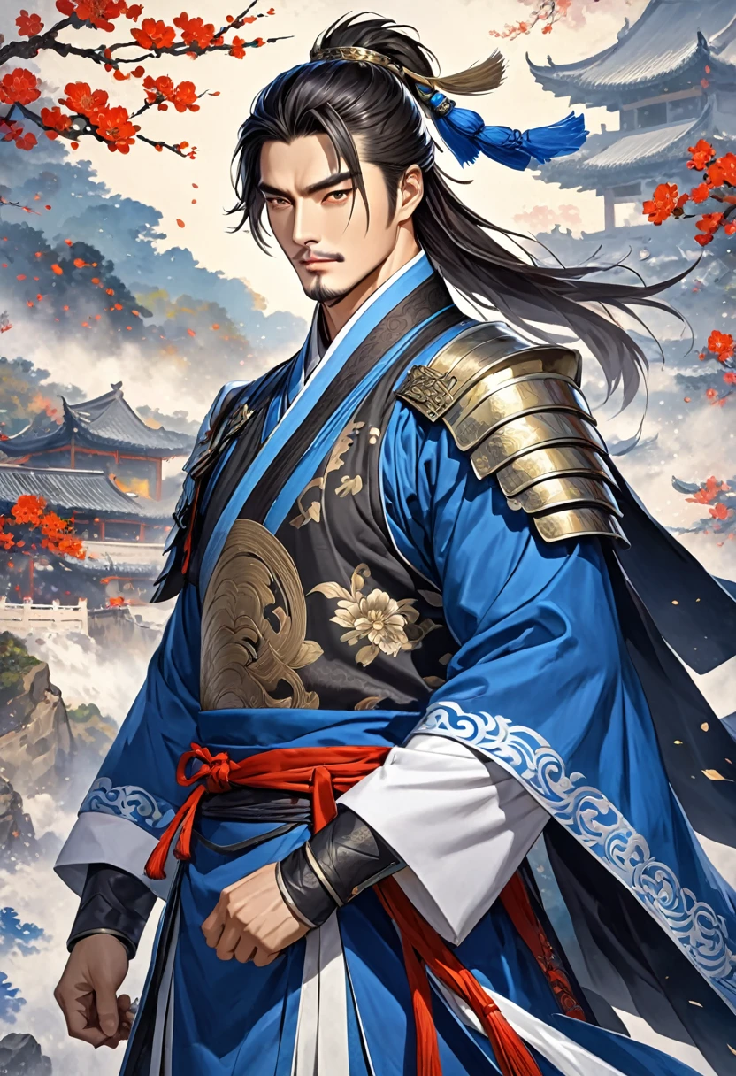 Three Kingdoms Zhou Yu, very handsome, nice guy, shave, Clothing made entirely of fabric, A combination of black, white, and blue, A general without his armor