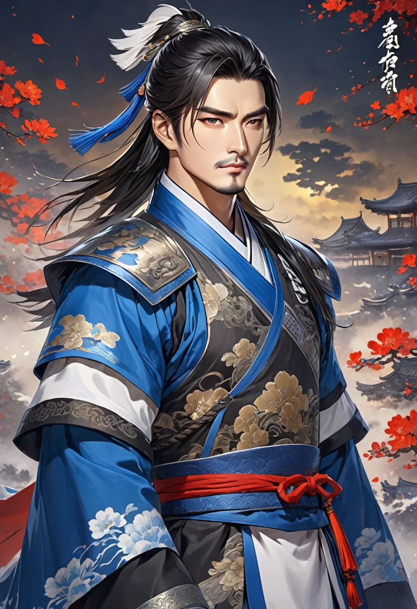 Three Kingdoms Zhou Yu, very handsome, nice guy, shave, Clothing made entirely of fabric, A combination of black, white, and blue, A general without his armor