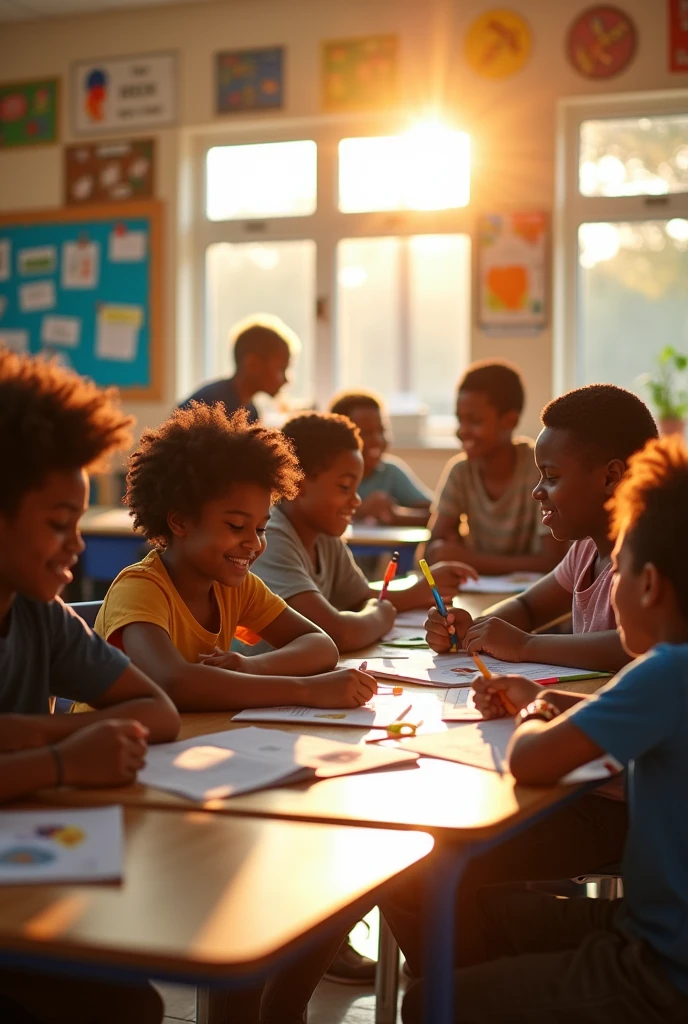 Black students learning and a sunshine from the window in a class room backside