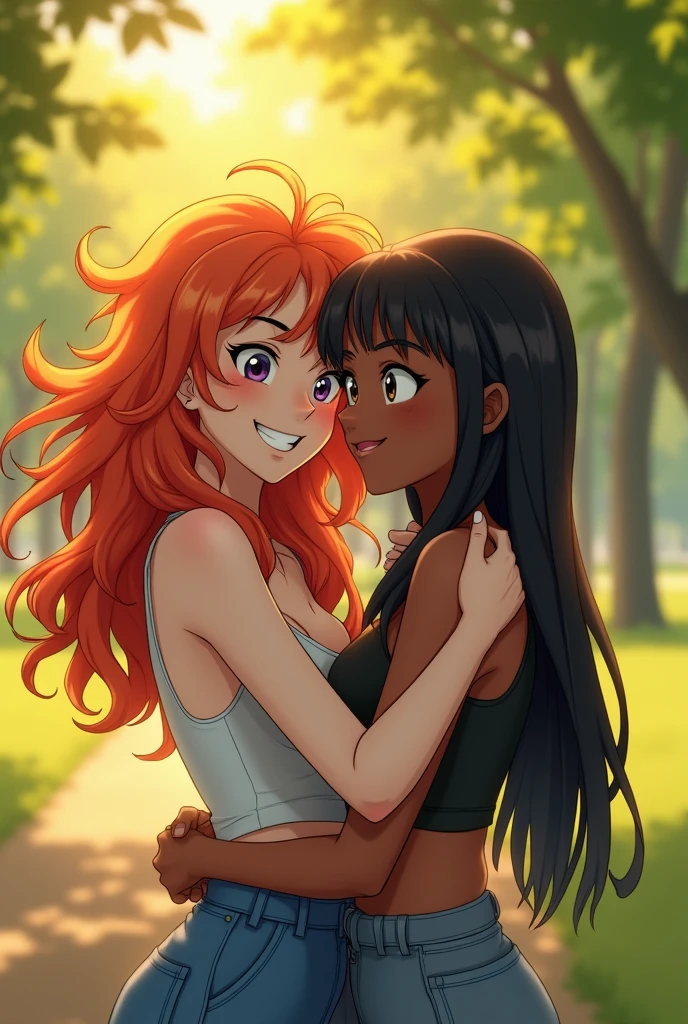 A white-skinned woman with messy orange hair hugging a dark-skinned woman with short, straight black anime-style hair. 