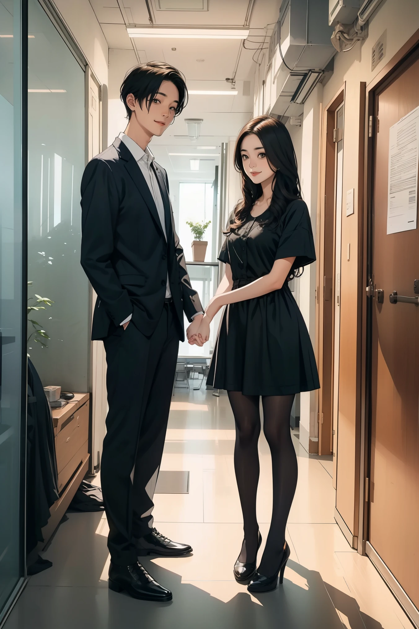 1 girl and 1 man, standing inside office, holding hands together, talking to each other, smile, eyes to eyes, fullbody shot,