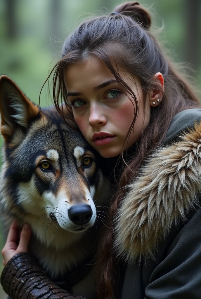 a realistic girl   warrior viking with perfect body and mouth with a Evil wolf 