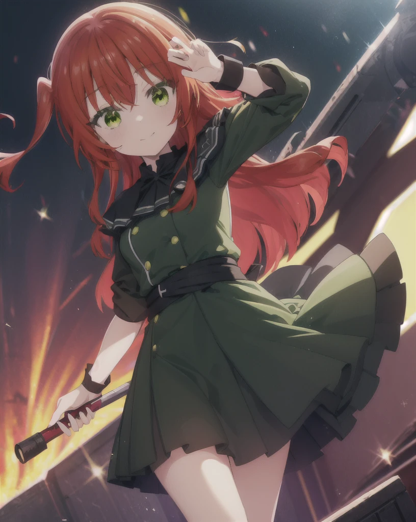 ikuyo kita, (green eyes:1.5), hair between eyes, long hair, one side up, red hair, wearing a assassin clothes, black skirt, black capelet, medium breasts, shirt ornament, ppai, dress, miniskirt, evil smile