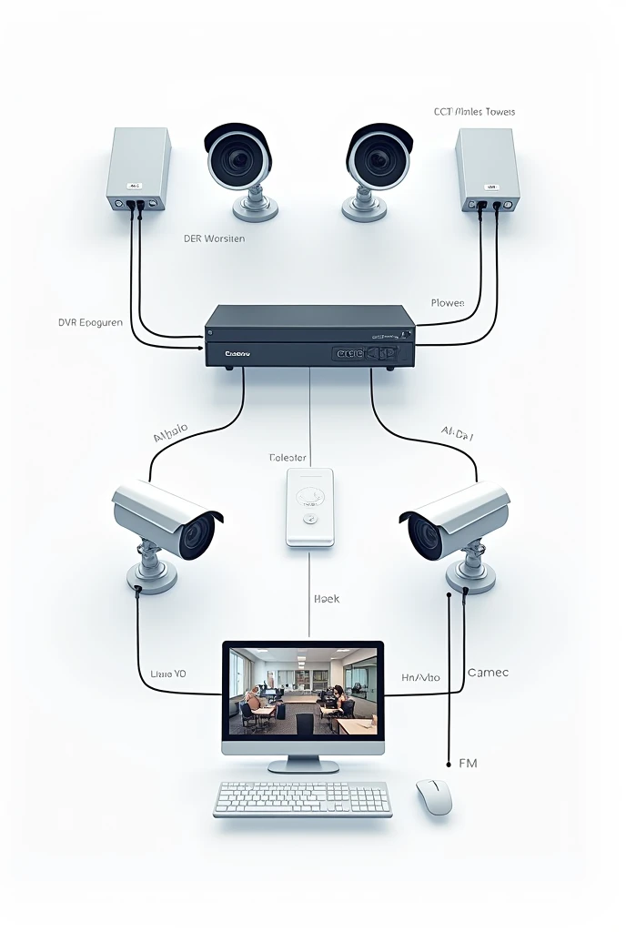 Please drawing a diagram of a cctv box the ,two power supply ,2 camera, 1 dvr, 1 monitor