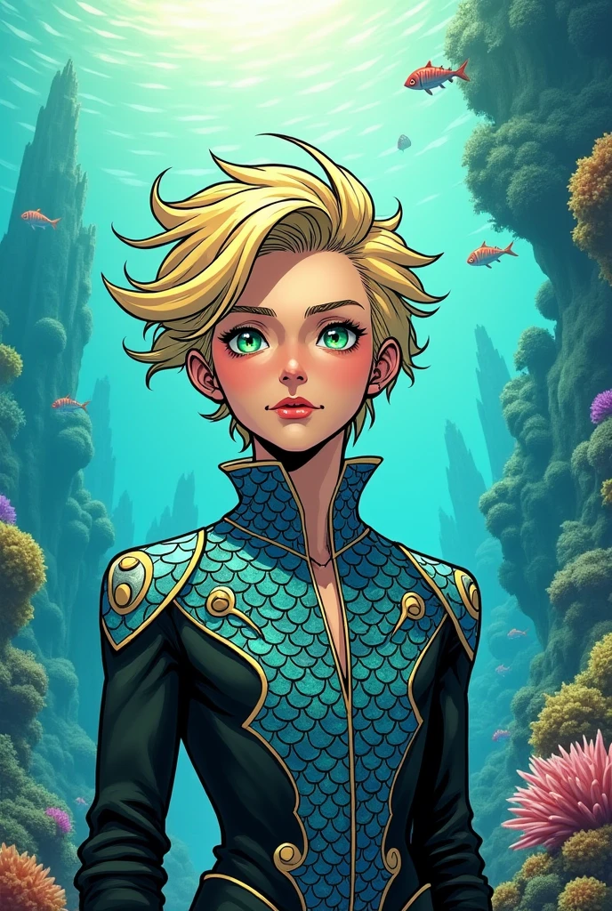 DC comic panel. 15-year-old man with wavy blonde hair. White skin with slight fish scales, jade green and slanted eyes , delicate appearance. Clothes with fish scales design.
