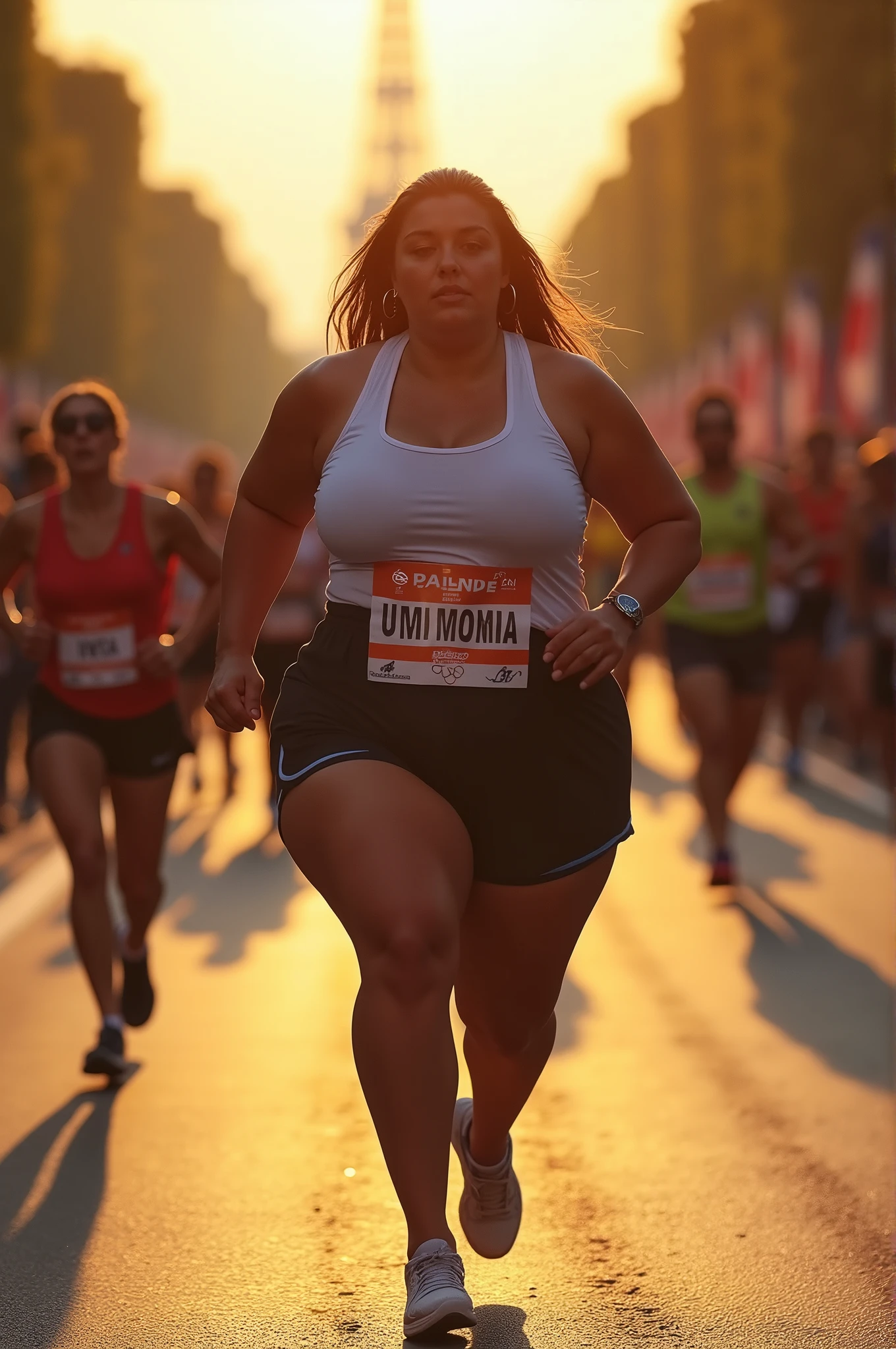 fat Olympic athlete,drone photography,professional camera angle,Olympic athlete,sweaty skin,fat females Olympic marathon race,with a large breasts, big breasts!, thicc,alluring plus sized model, fat voluptuous body,fat women marathon race on Champs Elysées paris city