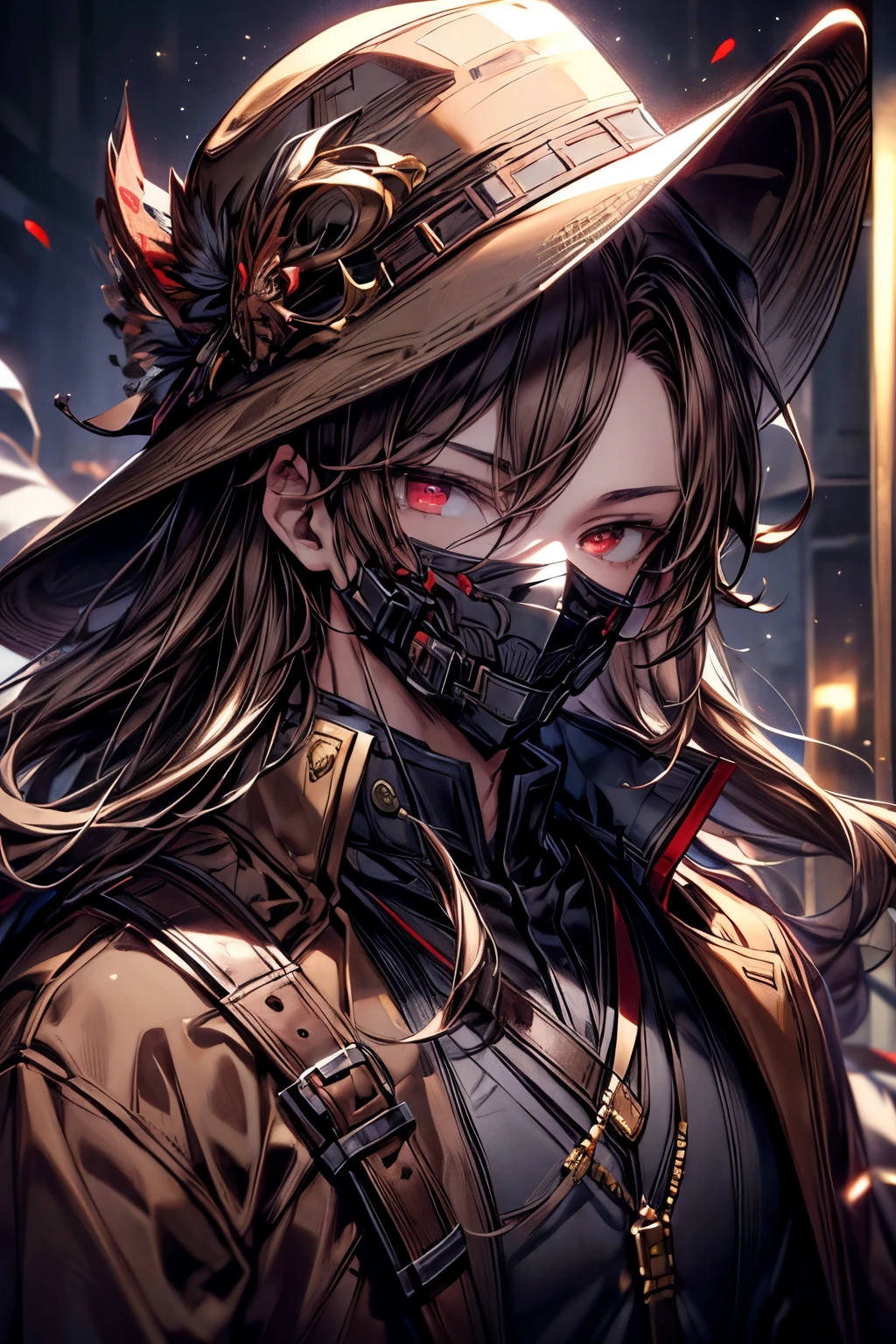 (masterpiece, best quality, perfect face, expressive eyes), 1boy, (male), (adult), (anime). intricate details, brown jerkin, white shirt, brown coat, brown fencer hat, brown hair, red eyes, brown mask,