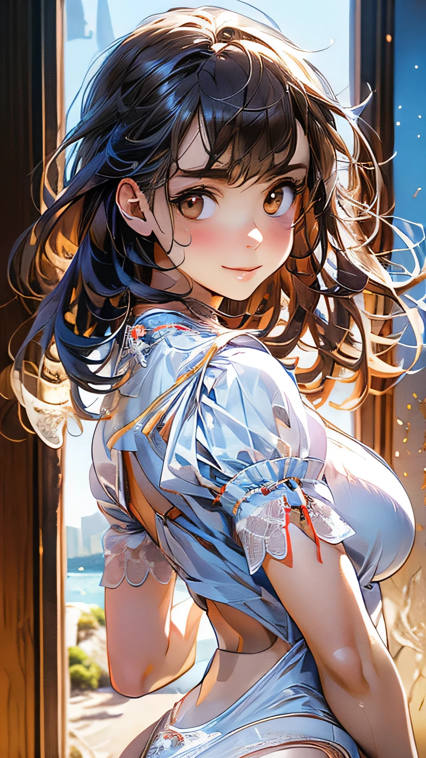 (masterpiece:1.2, Highest quality), (Realistic, photoRealistic:1.4), Beautiful illustrations, (Natural Side Lighting, Cinema Lighting), ((Very big butt))
View your viewers, 1 girl, Japanese, Junior high school girl, , Perfect Face, cute and symmetrical face, Glowing Skin, thin,
(Mid-length hair:1.2, Half Up:1.4, Light brown hair), Asymmetrical bangs, Brown eyes, Long eyelashes, (Mid-chest:0.7),
Beautiful Hair, Beautiful Face, Beautiful details, Beautiful clavicle, Beautiful body, Beautiful fingers, (((Panties are visible))) ((Very large saggy tits)), ((In underwear、White lace underwear))((Fullback panties))Underarm , Slightly , Very large breasts, Full body angle, 14 year old woman , Thick thighs
((Detailed cloth texture)),
(Beautiful views), evening, (River side), Are standing, (cute, cute smile, Upward glance),