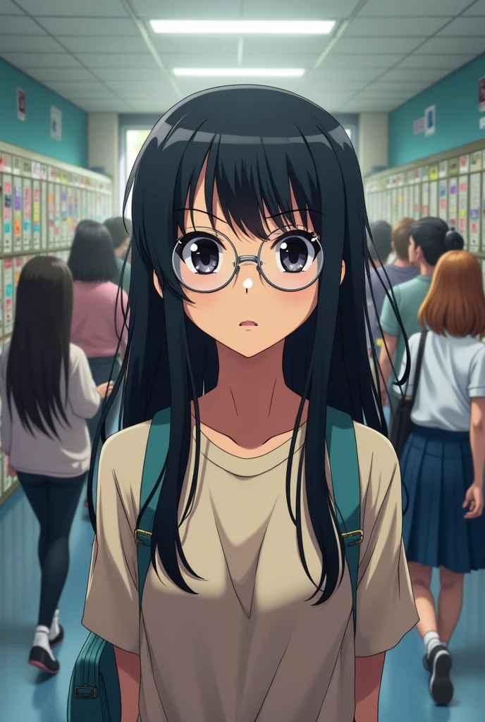 A serious-looking junior high school girl with long black hair and glasses。Short