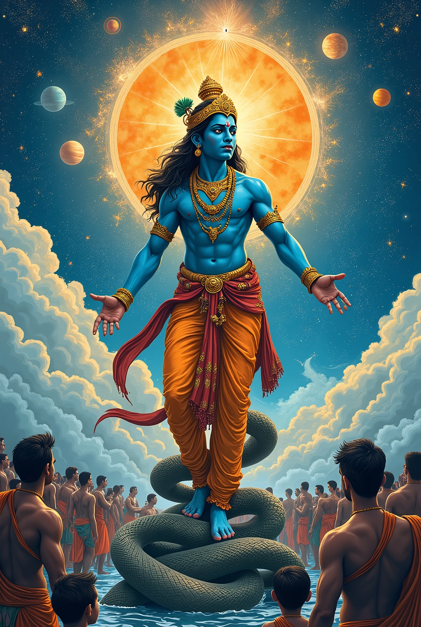 Create a woodcut style image digital art surreal art that depicts a lord krishna with divine characteristics, the figure is one chosen by the gods of spirituality,the figure is shrouded in clouds looking at the planets and ancestral signs,figure has a crowd of people around him who look at him with surprise and admiration,quantum art spread across the image,Use a vibrant color palette, including blue, oranges and whites, to create heavenly contrast and a stunning visual effect. The ornaments worn by krishna and krishna should highlight in this attire.body glowing. He was in sea and standing on 7 heads snake by folding tail. Sri krishna with many hands. The seven head snakes