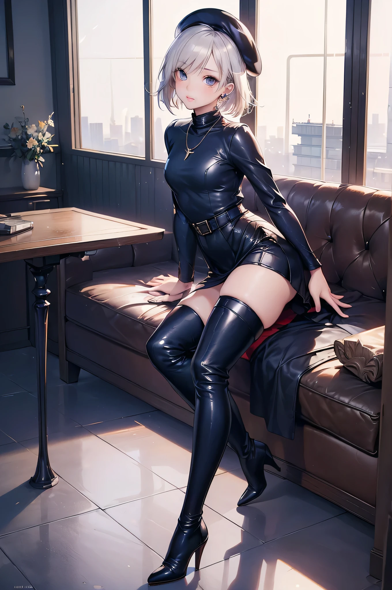 ((Biologically correct limb count)),(( From head to toe,Full-body photo including face)),4K,masterpiece,((Focus on the face)),((Symmetrical facial features)),Eyes with detailed description,Beautiful woman,Great style,Beautiful arms,Beautiful legs,Beautiful Hands,(Small Ass,Thin thighs),Detailed depiction of the face,Small earrings,necklace,(Navy leather clothes,skirt((High heels,Thigh-high boots))),Realistic photo,Short Hair,Stand at an angle,Meeting,Alluring,beret,indoor,Tokyo,night