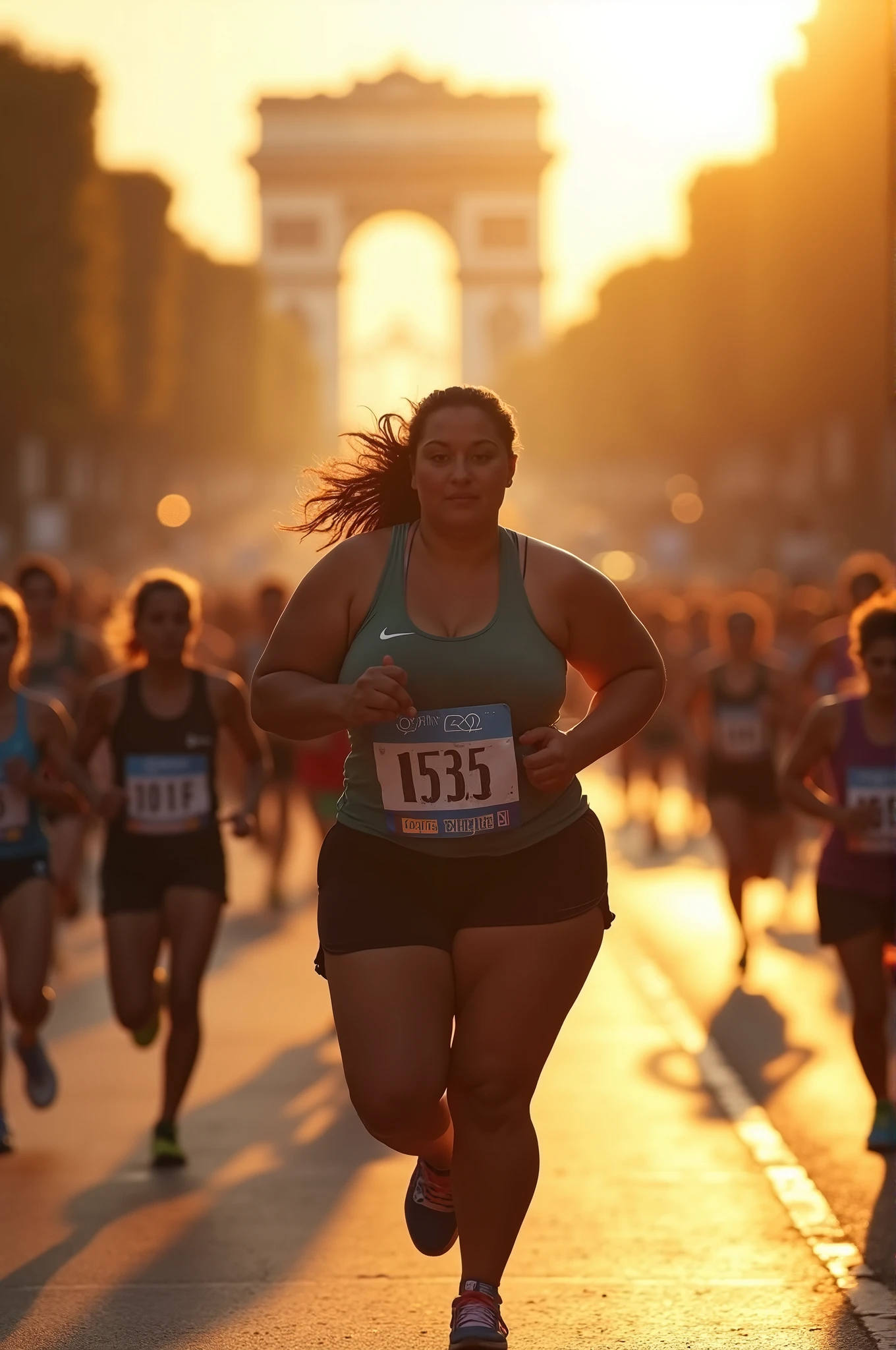 fat Olympic athlete,drone photography,professional camera angle,Olympic athlete,sweaty skin,fat females Olympic marathon race,with a large breasts, big breasts!, thicc,alluring plus sized model, fat voluptuous body,fat women marathon race on Champs Elysées paris city