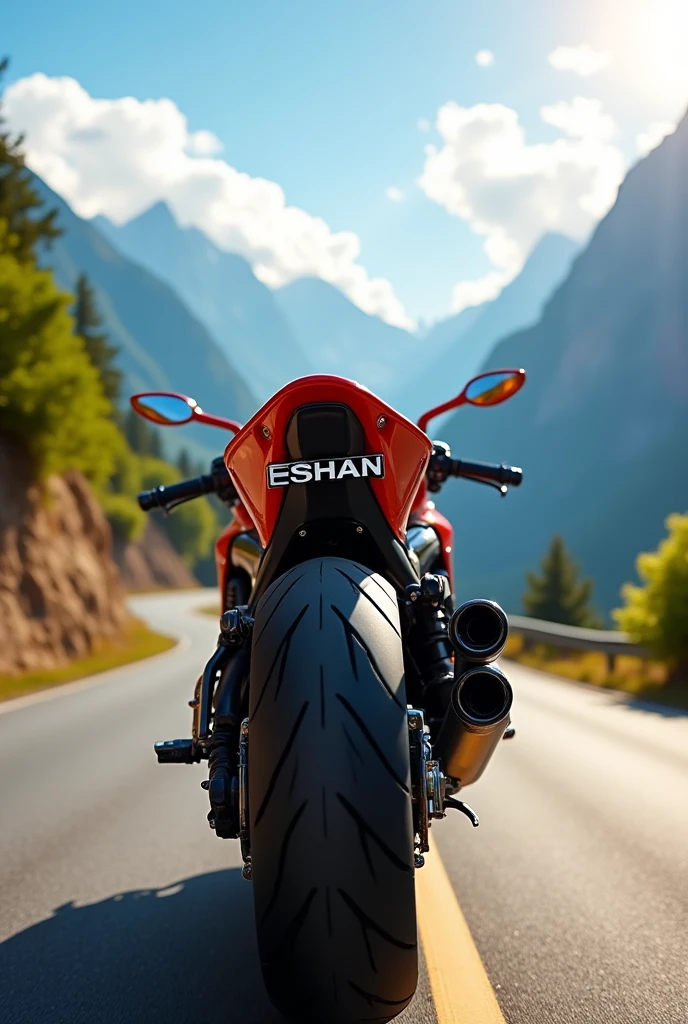 The back side of a sports motorcycle and “Eshan” written in the number plate