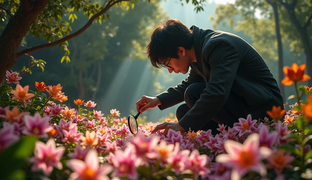 Make the detective Vietnamese. Make a photo of a detective closely observing a murder scene. The background is a flower bed on the first floor of a luxury apartment. Examine the traces of the criminal that fell to the ground. Use a large magnifying glass to inspect the scene.