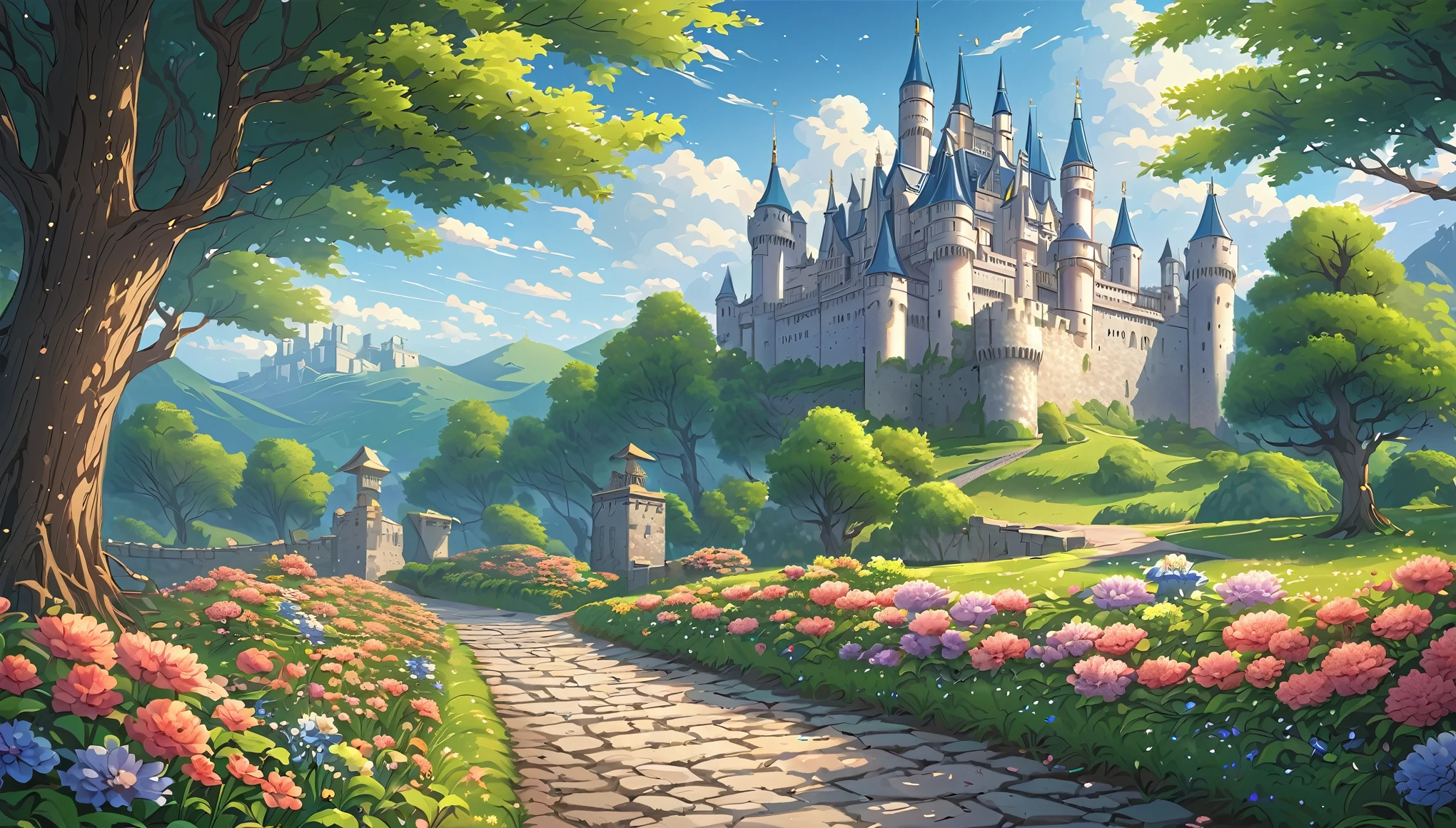 masterpiece, best quality, number, illustration, Anime style background, landscape, background, 低曝Light率, 4K resolution, Extreme details, Very detailed, Light, Trees, Comfort, castle, stone road, flowers, bush