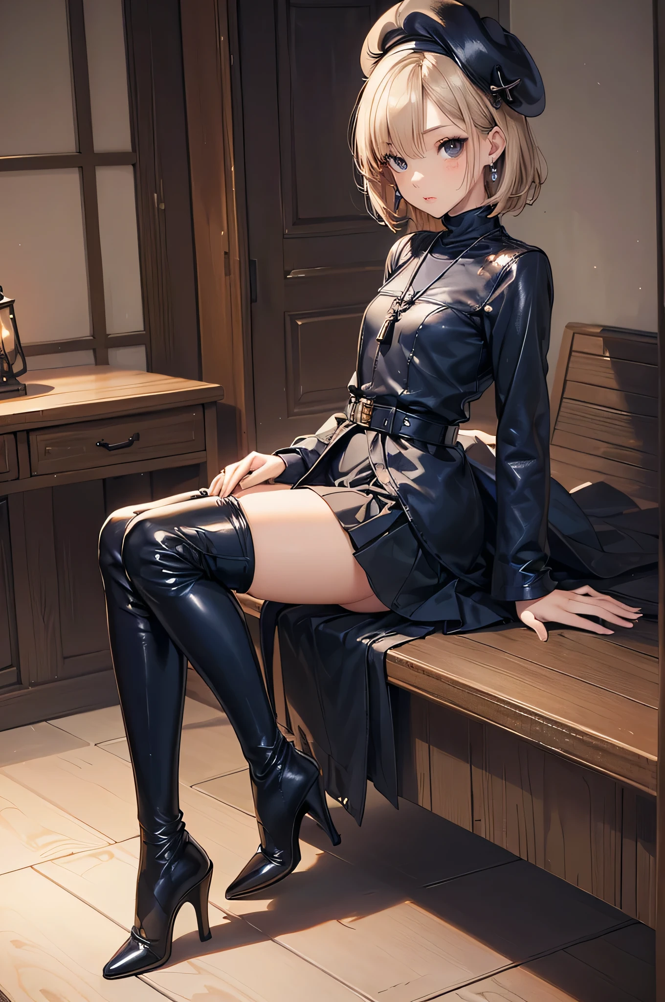 ((Biologically correct limb count)),(( From head to toe,Full-body photo including face)),4K,masterpiece,((Focus on the face)),((Symmetrical facial features)),Eyes with detailed description,Beautiful woman,Great style,Beautiful arms,Beautiful legs,Beautiful Hands,(Small Ass,Thin thighs),Detailed depiction of the face,Small earrings,necklace,(Navy leather clothes,skirt((High heels,Thigh-high boots))),Realistic photo,Short Hair,Stand at an angle,Meeting,Alluring,beret,indoor,Tokyo,night