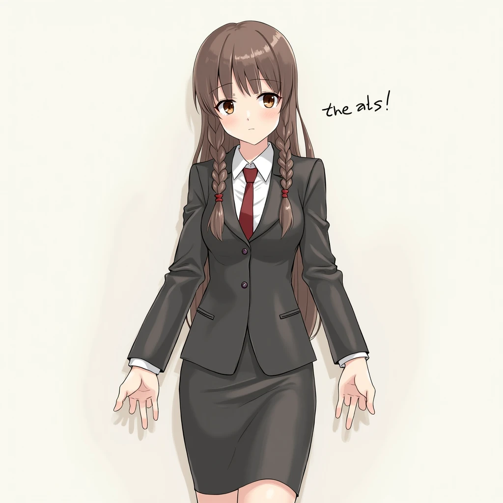 masterpiece, best quality, 1 girl, solo, teenager, large breasts, light brown eyes, bangs, brond hair, braids hair, office staff suit, jacket, pencil skirt, upper body, standing, office EasyNegativeV2, negative_hand-neg, bad fingers, missing fingers, too many arms,  too many legs, poor quality, worst quality, low quality, normal quality, bad anatomy, text, signature