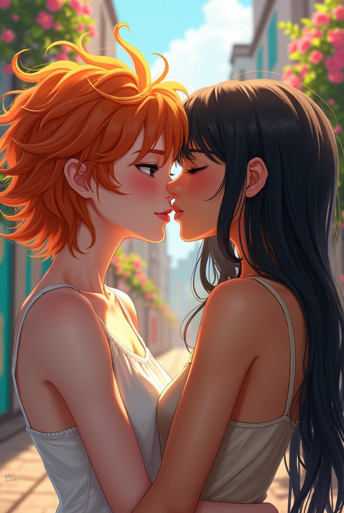 A white-skinned woman with messy orange hair kissing a tanned woman with short, straight black anime-style hair.