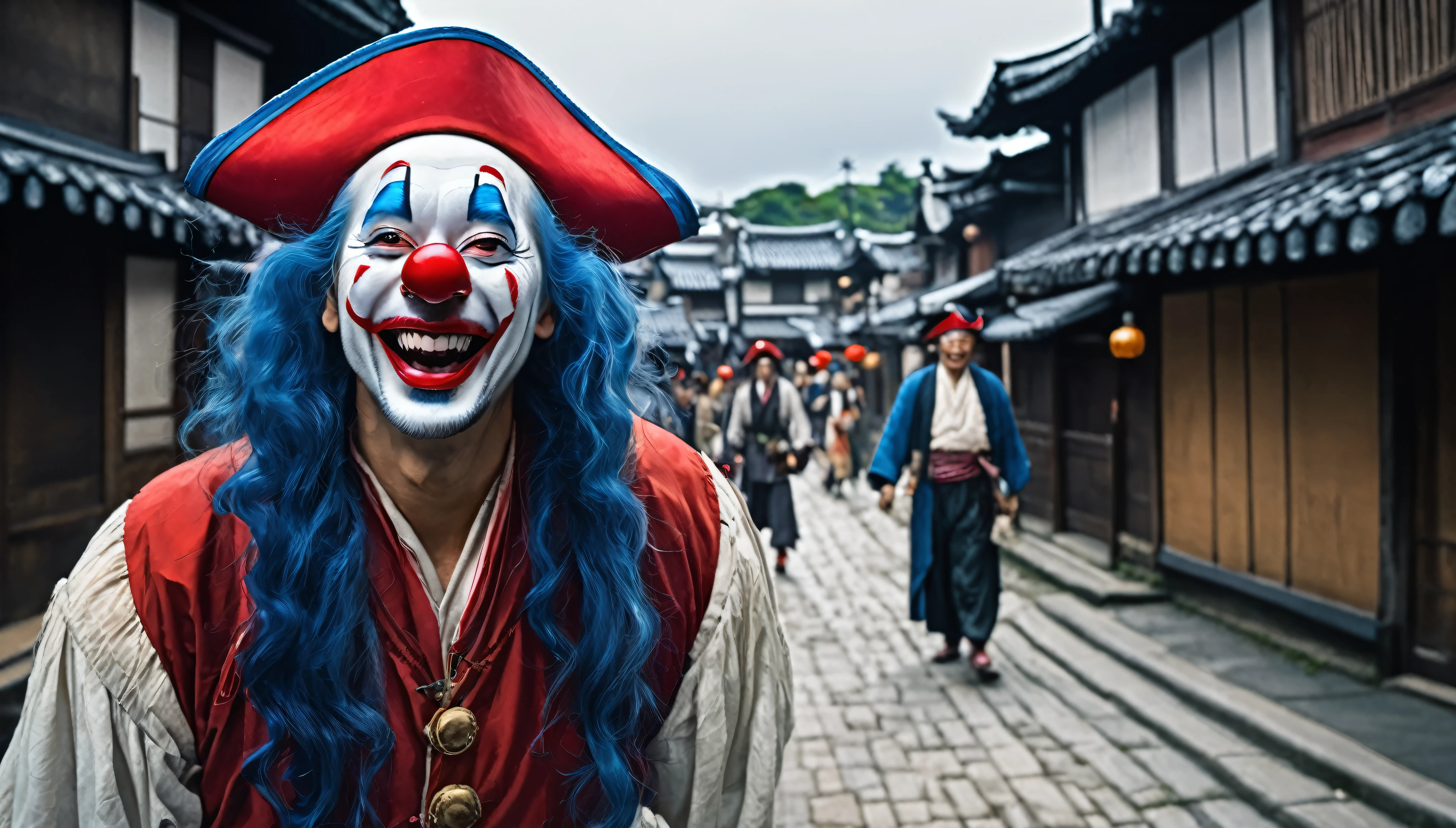 masterpiece, best quality, extremely detailed, hyperrealistic, photorealistic, a cool 40s man, ultra detailed face, clown makeup, red pirate hat, white skin, red nose, blue long hair, townscape of the edo period, laughing, walking