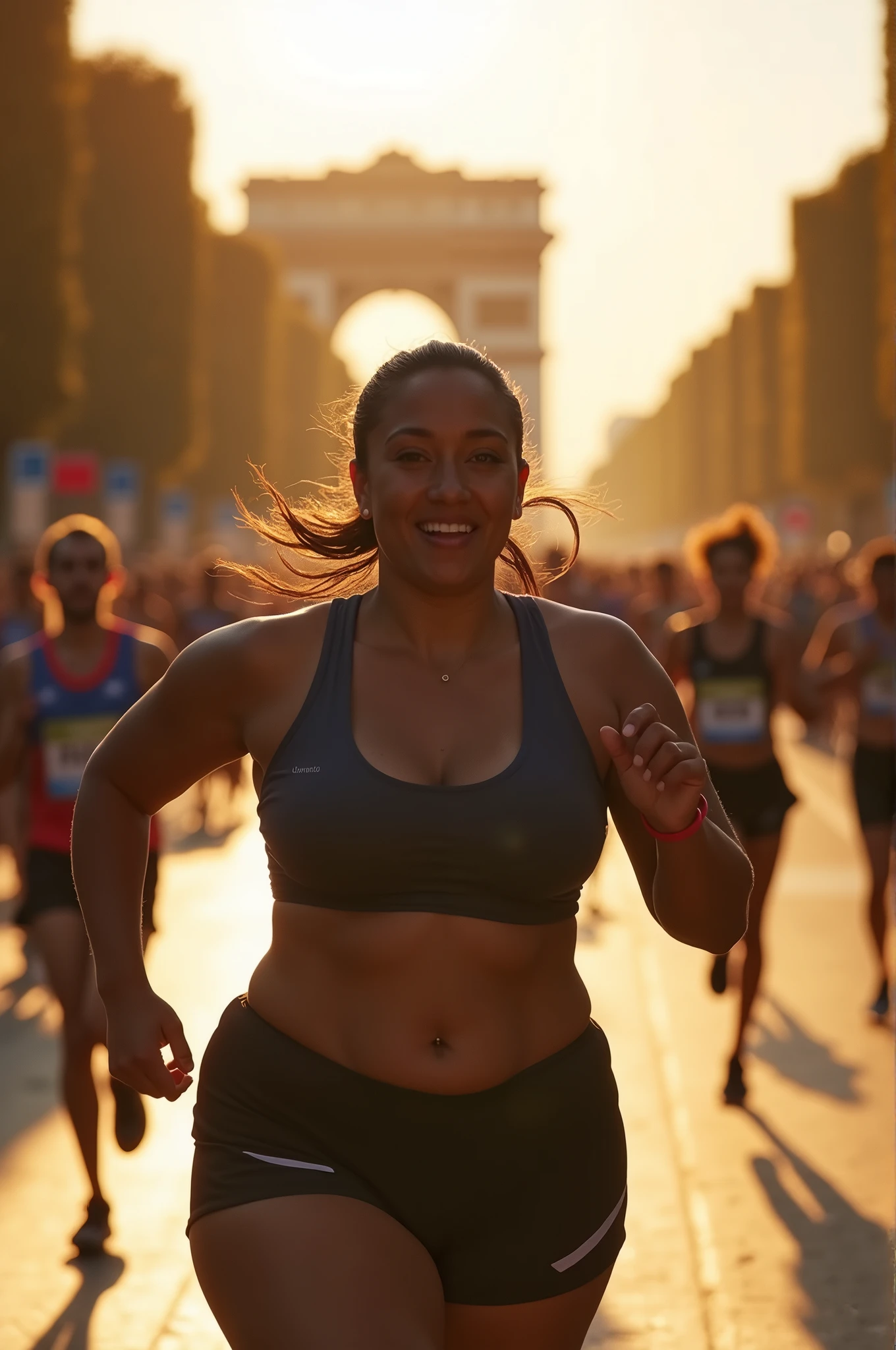 fat Olympic athlete,drone photography,professional camera angle,Olympic athlete,sweaty skin,fat females Olympic marathon race,with a large breasts, big breasts!, thicc,alluring plus sized model, fat voluptuous body,fat women marathon race on Champs Elysées paris city